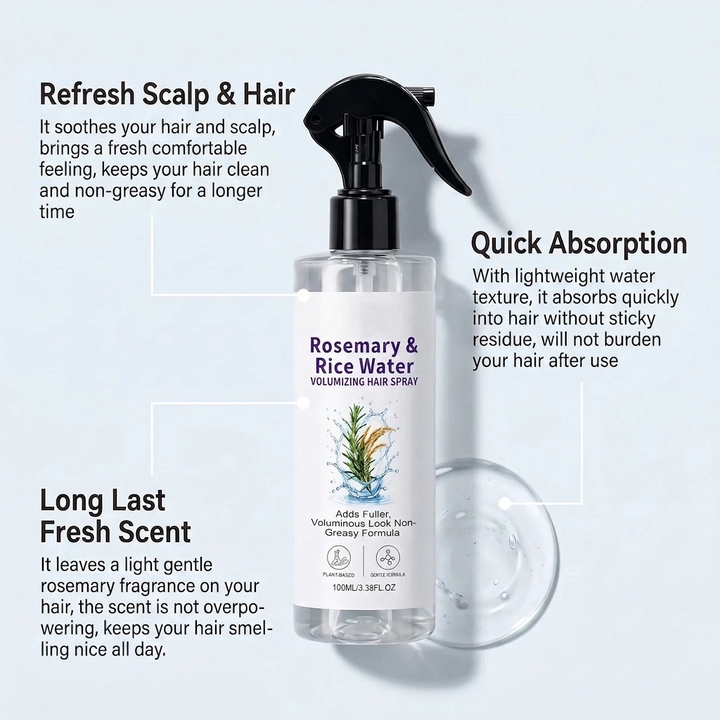 Rosemary Rice Water Hair Spray Nourishing Root Tip Care Smooth Silky Lightweight Refreshing Scent Leave in Treatment All Types